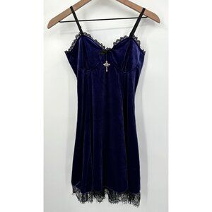 Goth Lolita Velvet Mini Dress Women Large Purple Lace Cross Spaghetti Strap